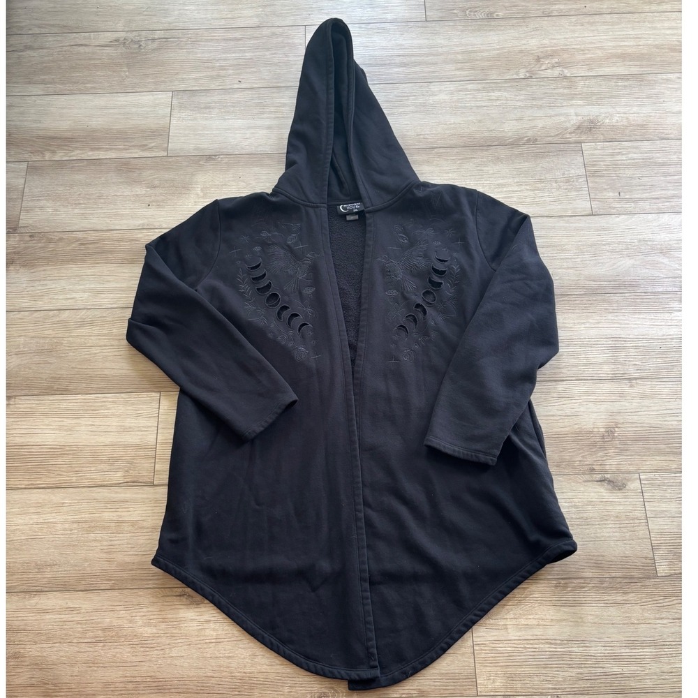 Midnight Hour Black Embroidered Raven Moon Phase Hooded Cloak Cardigan Plus 2XL
